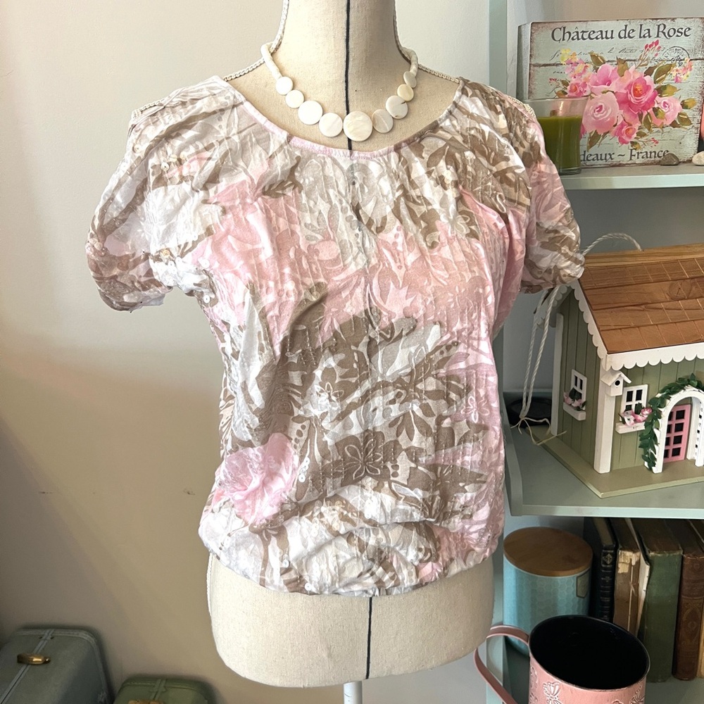 INC International Concepts sequined Pink and Brown Floral Blouse